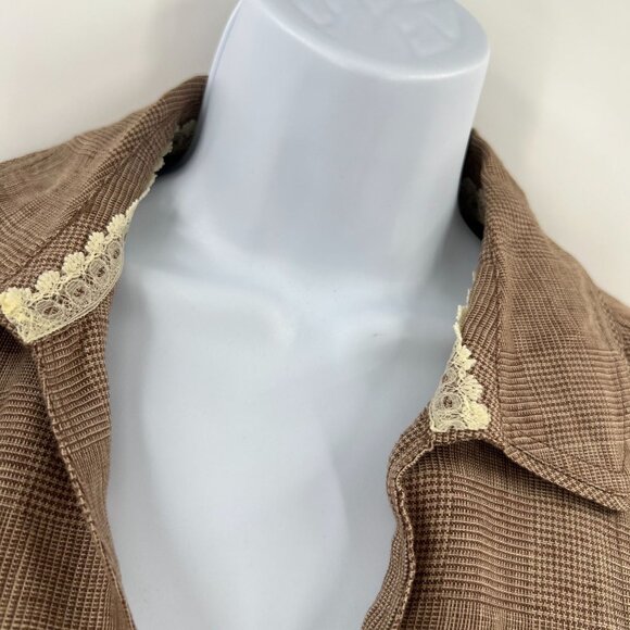 Coldwater Creek Linen Jacket M Brown Plaid Belted Button Front Lined Lace Trim - Picture 10 of 12